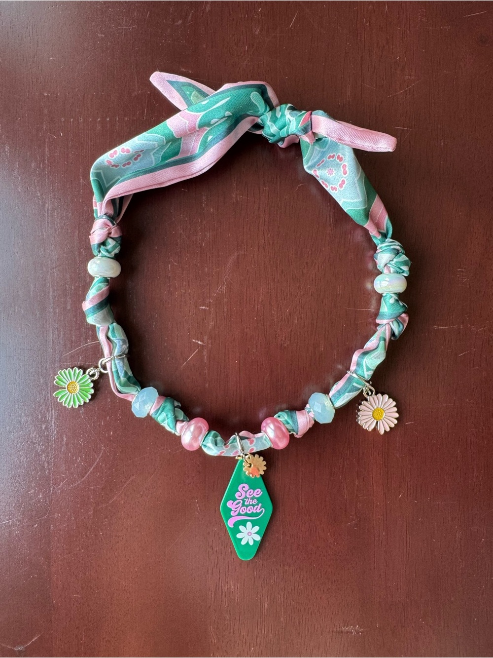 Hotel Key Bandana Necklace Boho Pink & Green Daisy Charm - See the Good